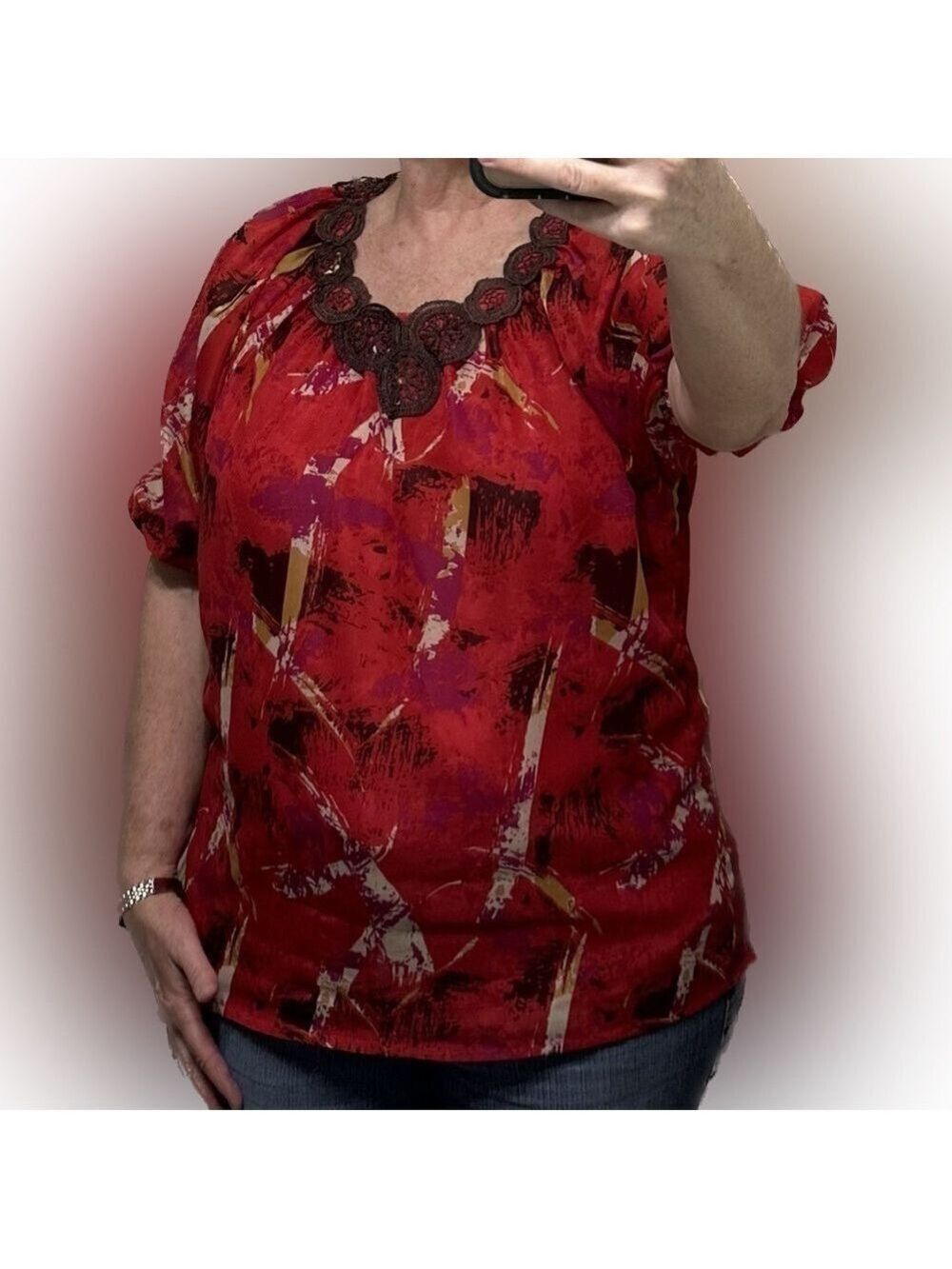 Due Per Due Gorgeous Red Tunic with design of other colors. Crocheted neck trim